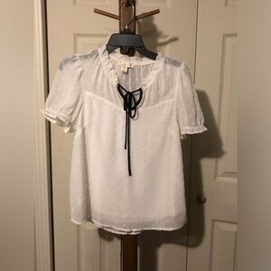 Monteau Ivory Blouse with Black Ribbon Accent